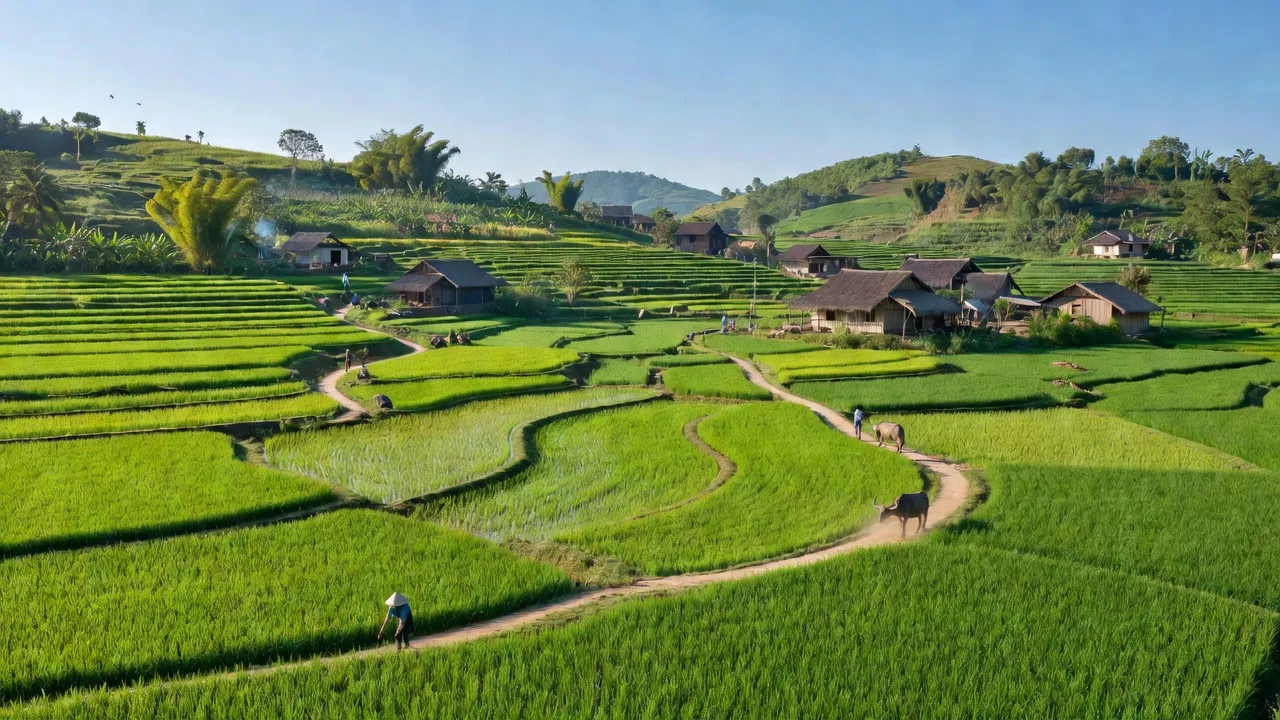 Cảnh đồng quê xã Hiến Sơn, huyện Đô Lương với đồng lúa xanh mướt và nhà truyền thống.