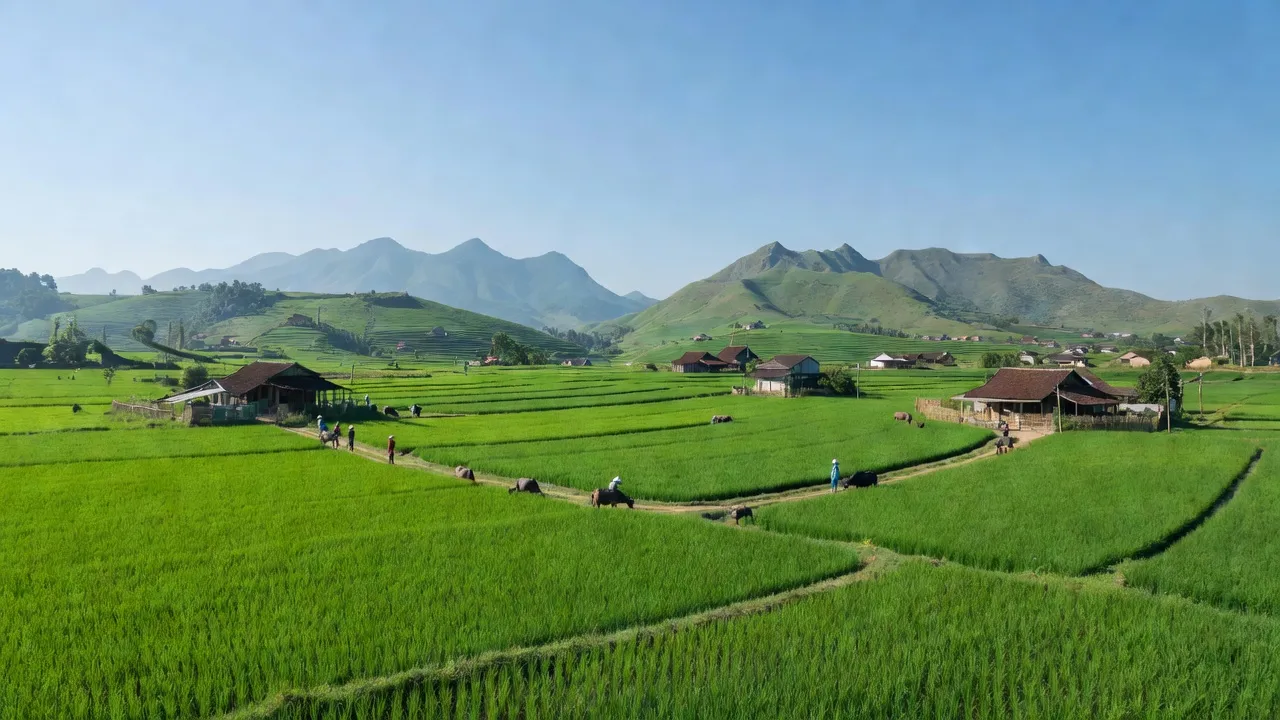 Cảnh đẹp tại xã Hồng Sơn, huyện Đô Lương, Nghệ An với đồng lúa và đồi núi thơ mộng.