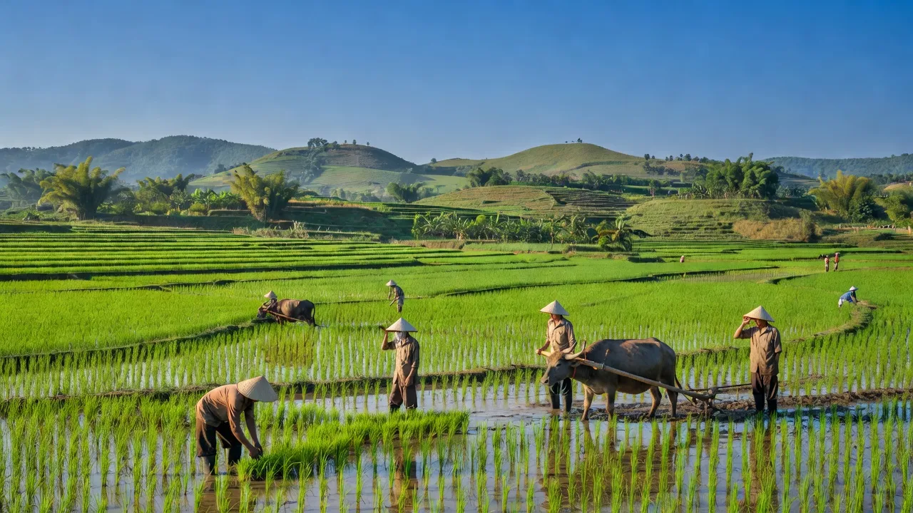 Cảnh quan đồng quê xã Lạc Sơn, huyện Đô Lương, Nghệ An với ruộng lúa xanh mướt và trời xanh.