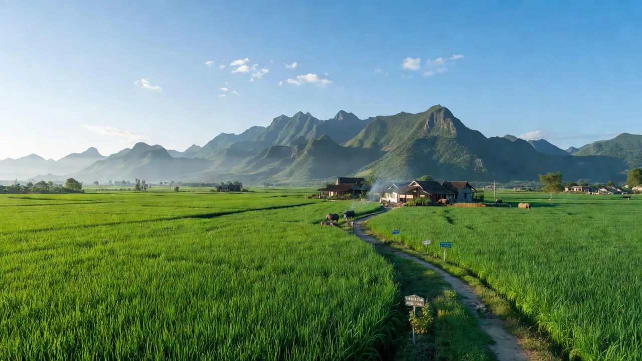 Cảnh quan xã Minh Sơn, huyện Đô Lương, Nghệ An với đồng xanh và núi non hùng vĩ.