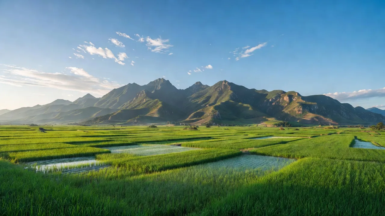 Cảnh sắc yên bình tại xã Minh Sơn, huyện Đô Lương, tỉnh Nghệ An với cánh đồng và núi.