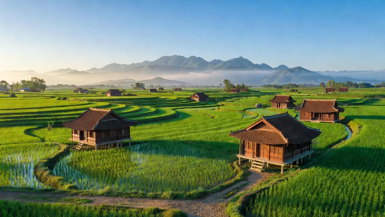 Cảnh đẹp xã Mỹ Sơn, huyện Đô Lương, tỉnh Nghệ An với ruộng xanh và núi xa.