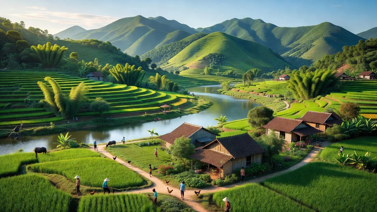 Phong cảnh xã Nam Sơn, huyện Đô Lương, tỉnh Nghệ An với núi non xanh tươi bên sông Lam.