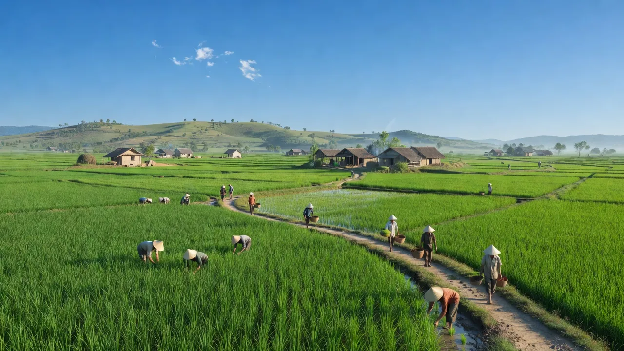 Phong cảnh xã Nhân Sơn, huyện Đô Lương, với đồng ruộng xanh và người nông dân đang làm việc.