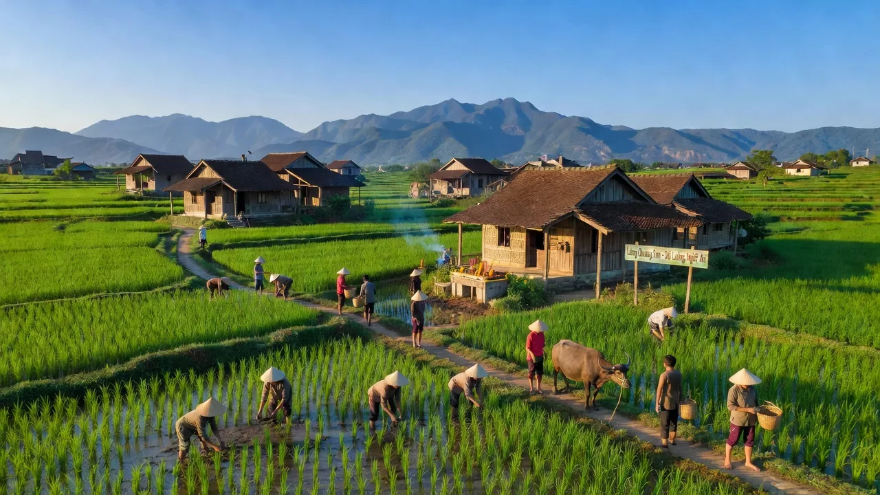 Quang Sơn village in Đô Lương, Nghệ An with green rice fields and traditional houses.