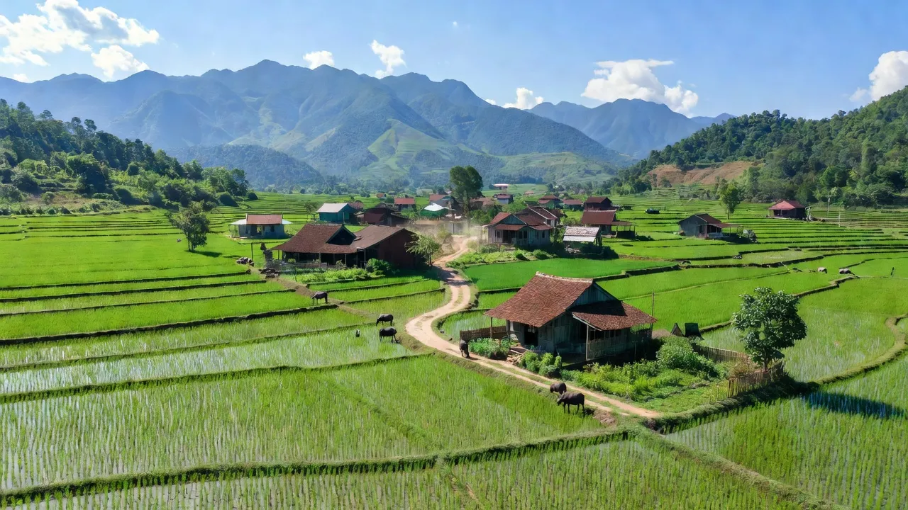 Khung cảnh làng Tân Sơn, huyện Đô Lương, Nghệ An với cánh đồng xanh và nhà truyền thống.