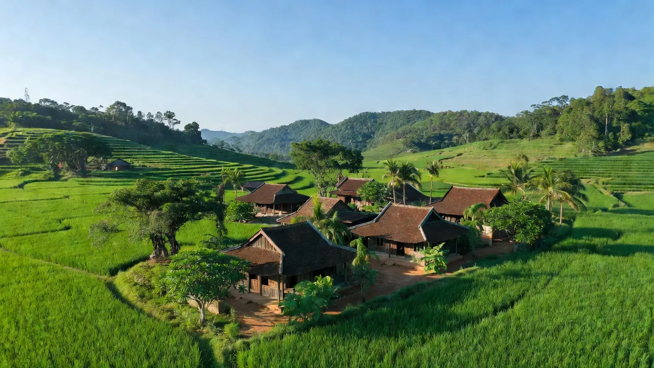 Khung cảnh xã Thái Sơn, Đô Lương, Nghệ An với đồng xanh và nhà truyền thống, thể hiện vẻ đẹp nông thôn.
