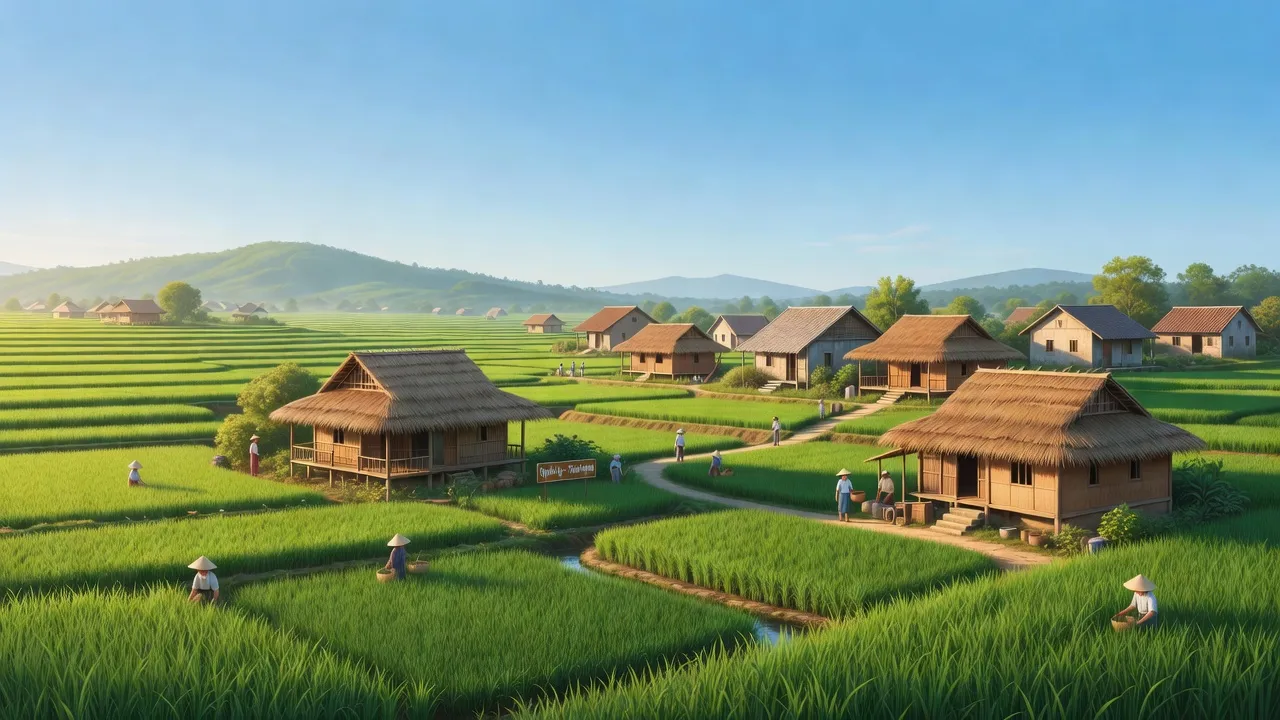 Cảnh quan xã Quỳnh Lộc, Thị xã Hoàng Mai, Nghệ An với ruộng xanh và nhà truyền thống.