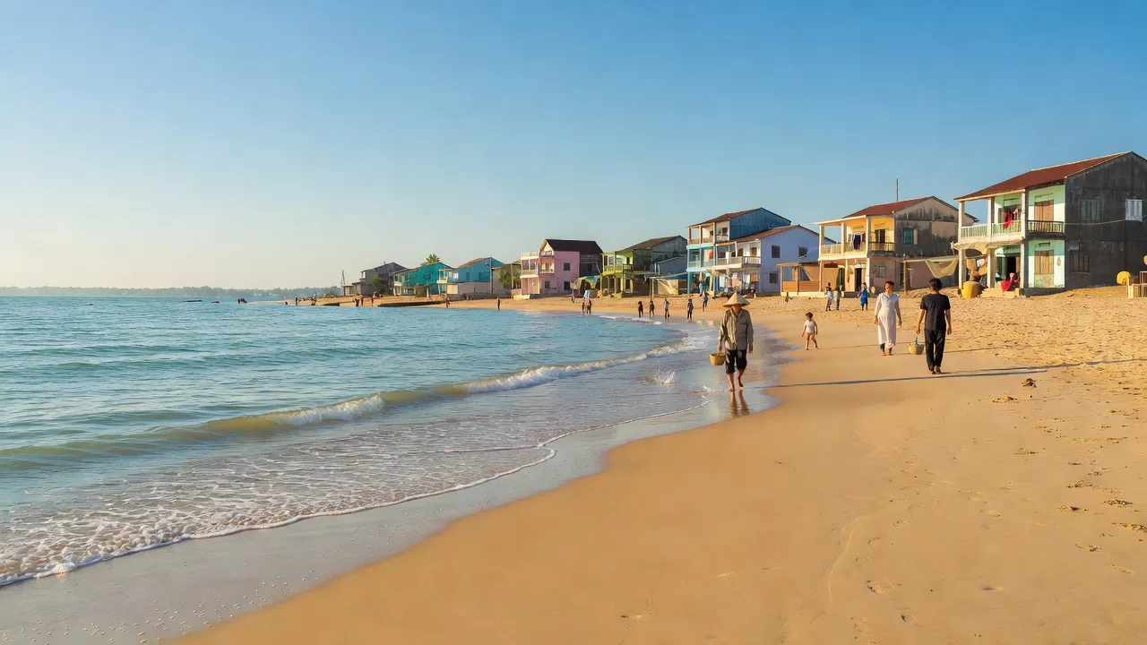 Bãi biển yên bình tại phường Quỳnh Phương, Thị xã Hoàng Mai, tỉnh Nghệ An, với cát vàng và sóng vỗ.