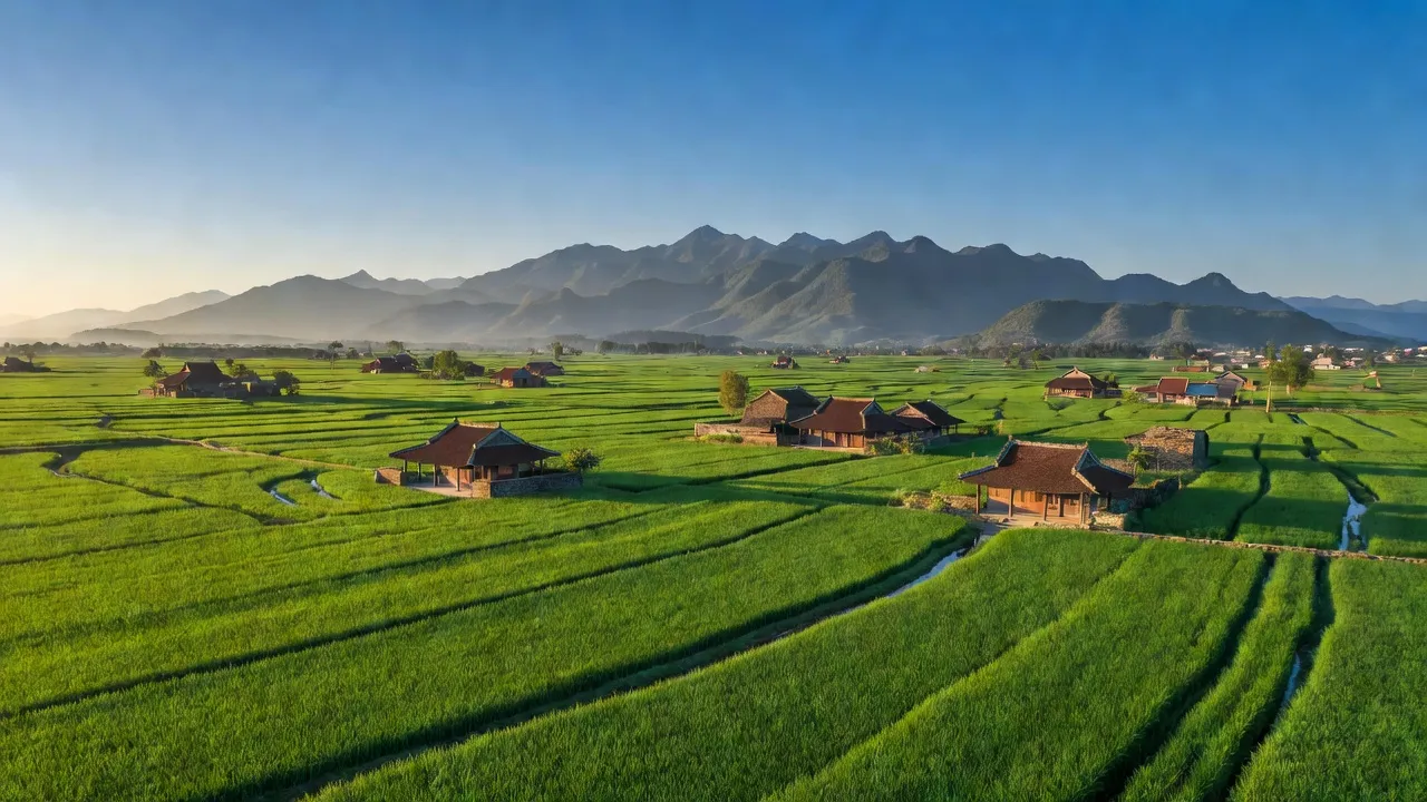 Cảnh đẹp xã Quỳnh Trang, thị xã Hoàng Mai, Nghệ An, với cánh đồng và núi non nổi bật.