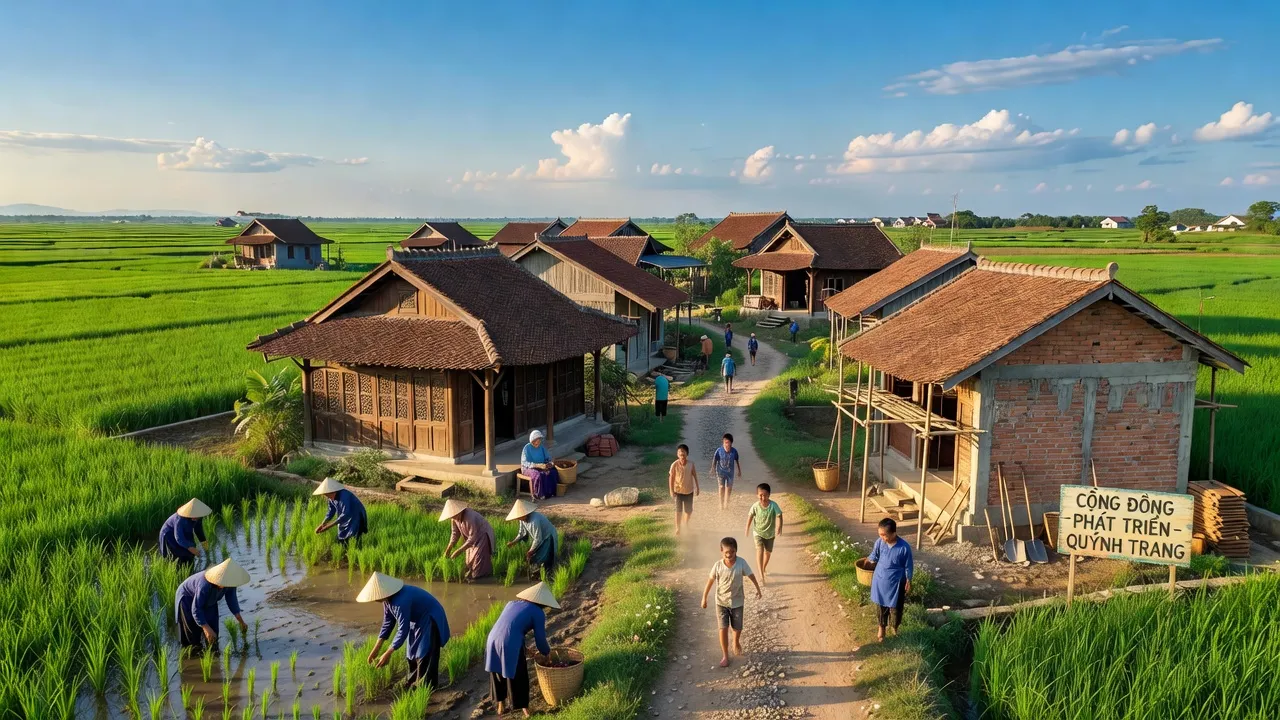 Quỳnh Trang village in Hoàng Mai, Nghệ An, with green fields and local residents, community development.