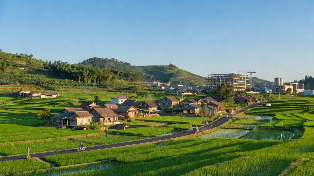 Khung cảnh làng Quỳnh Vinh, Thị xã Hoàng Mai, Nghệ An với cánh đồng và nhà gỗ truyền thống.