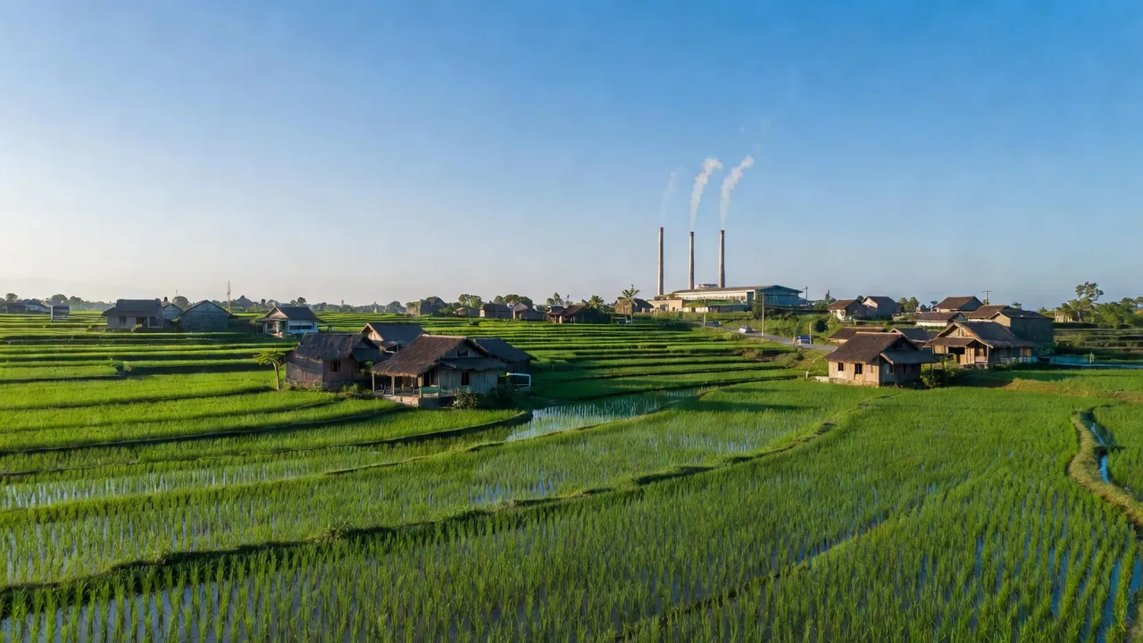 Quỳnh Vinh village in Hoàng Mai, Nghệ An with rice fields and traditional houses, showcasing local lifestyle.
