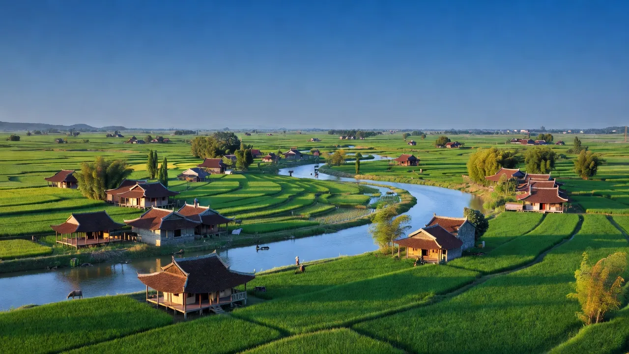 Huyện Hưng Nguyên, Nghệ An với cảnh đồng xanh, sông Lam, và nhà truyền thống Việt Nam.