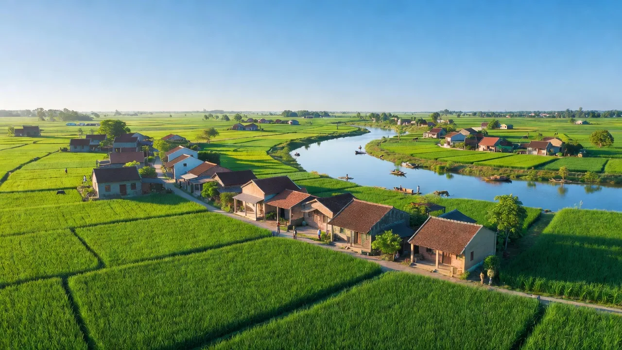 Khung cảnh xanh tươi xã Châu Nhân, huyện Hưng Nguyên, tỉnh Nghệ An, với sông Lam và ruộng đồng.