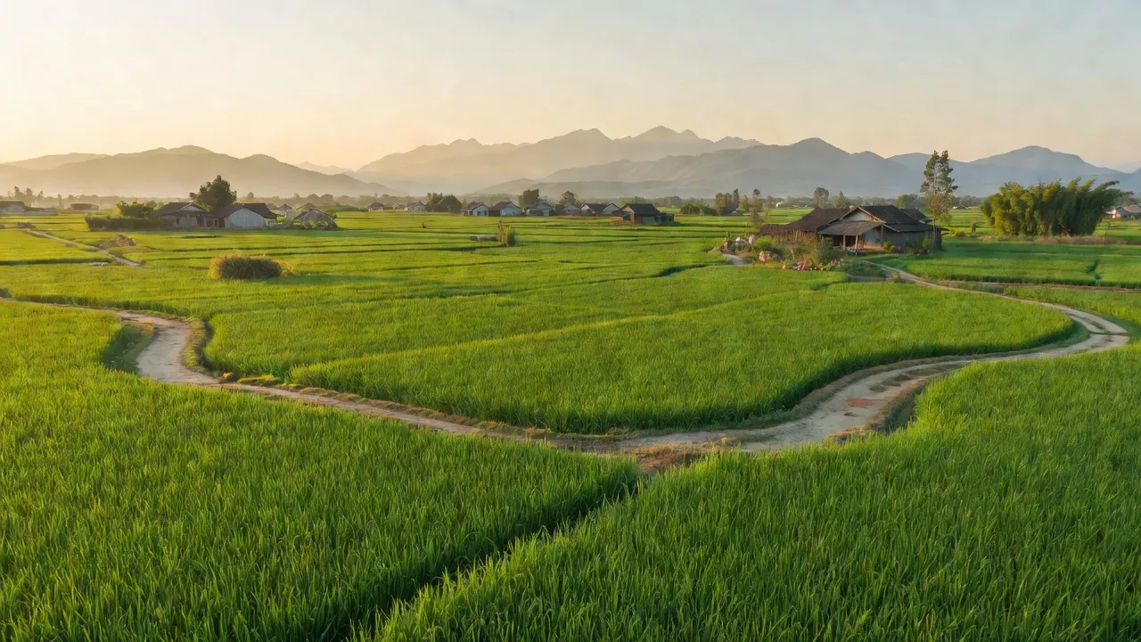 Dãy núi và cánh đồng xanh tại xã Hưng Nghĩa, huyện Hưng Nguyên, tỉnh Nghệ An, Việt Nam.