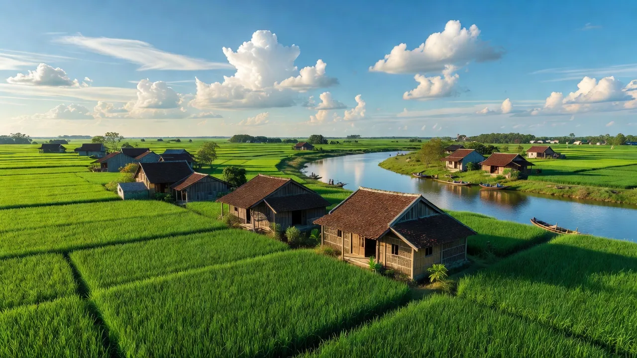 Cảnh đẹp xã Hưng Tây, huyện Hưng Nguyên, Nghệ An với đồng xanh và sông Lam gần đó.