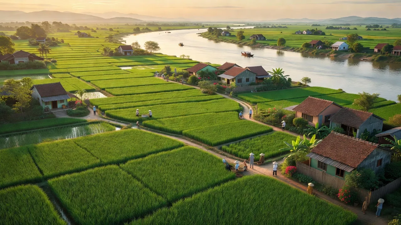 Cảnh đồng xanh và sông Lam tại xã Hưng Thành, huyện Hưng Nguyên, Nghệ An, Việt Nam.