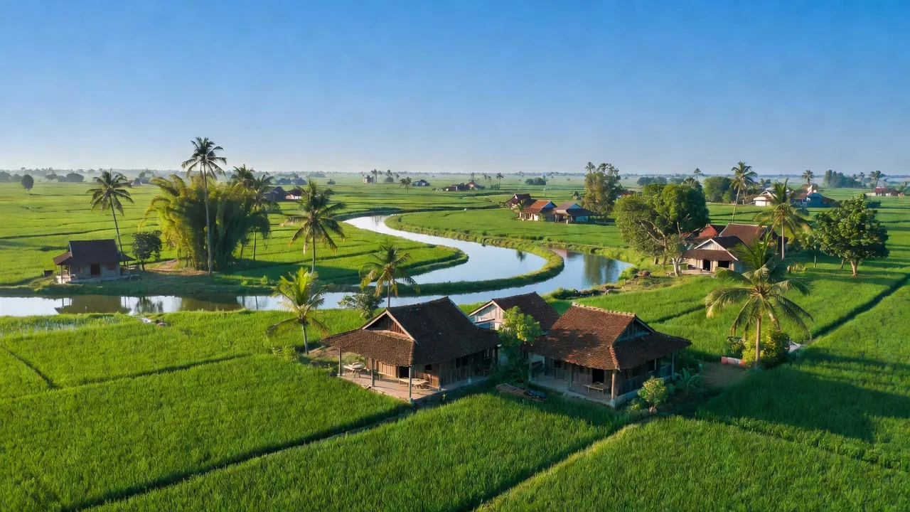 Cảnh quan xã Hưng Thành, Huyện Hưng Nguyên, Nghệ An với đồng ruộng xanh và sông Lam.