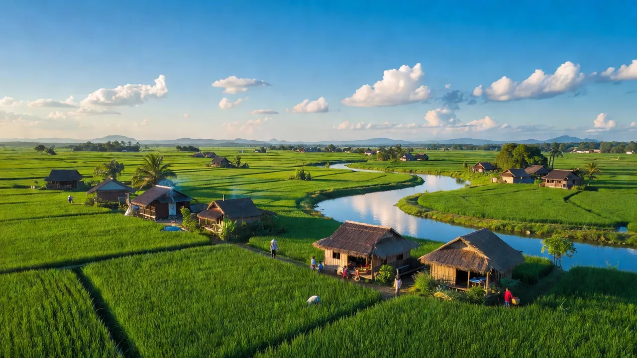 Cảnh vật xanh tươi tại xã Hưng Trung, huyện Hưng Nguyên, tỉnh Nghệ An với ruộng lúa và sông Lam.
