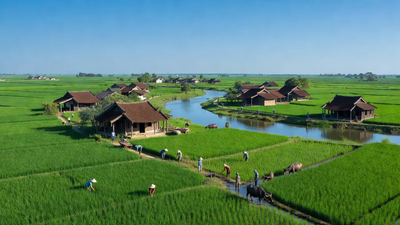 Khung cảnh xã Hưng Trung, huyện Hưng Nguyên, Nghệ An với ruộng xanh và sông Lam.