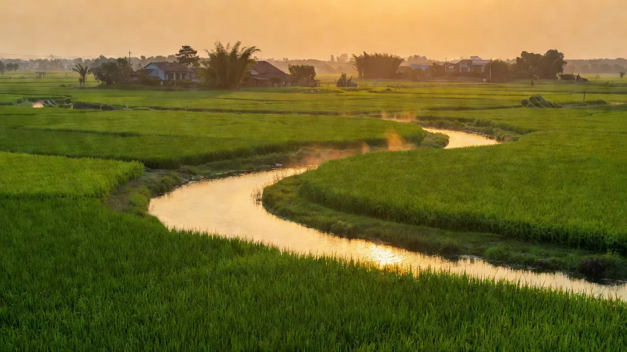 Cảnh quan xã Hưng Yên Bắc, huyện Hưng Nguyên, Nghệ An với đồng xanh và dòng sông Lam.