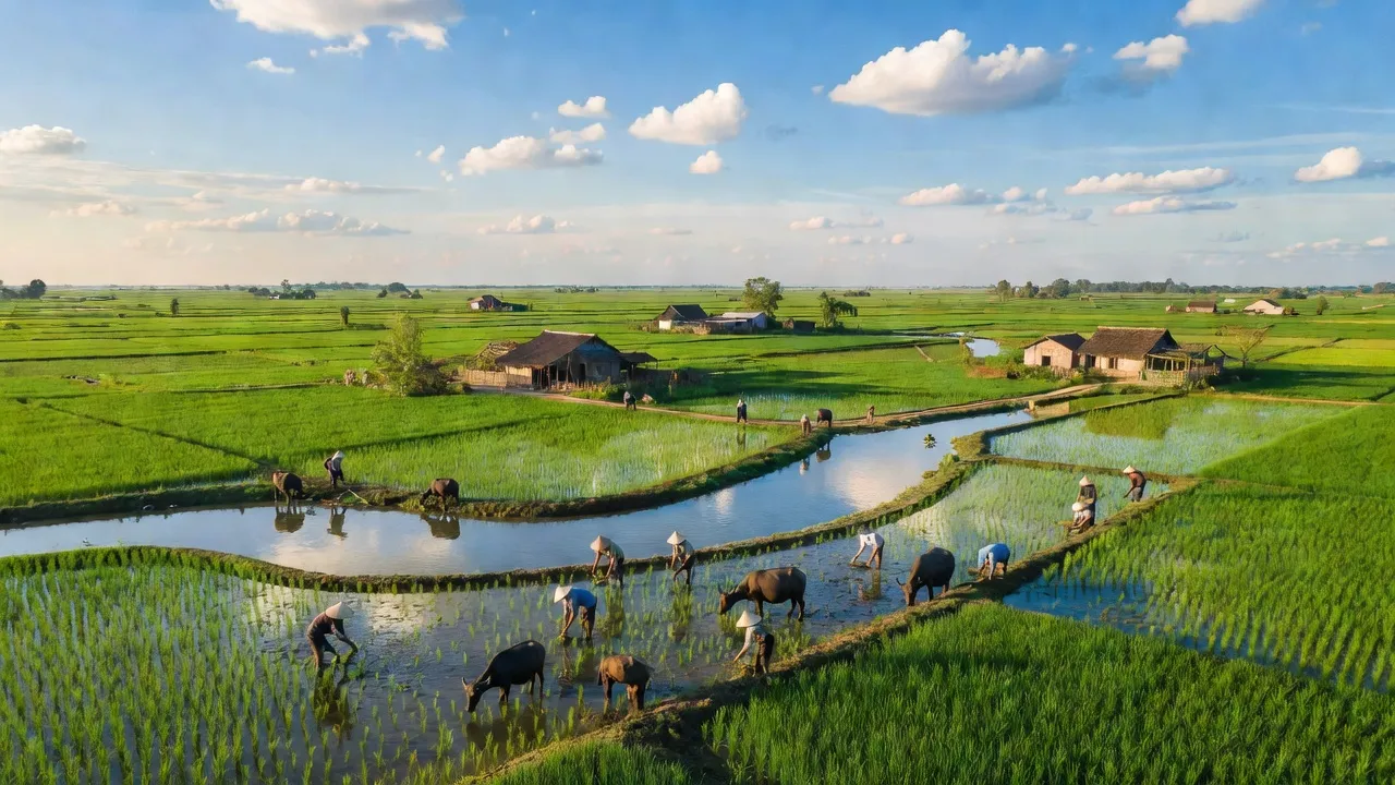 Cảnh sắc xã Hưng Yên, huyện Hưng Nguyên, tỉnh Nghệ An với đồng ruộng và sông Lam.