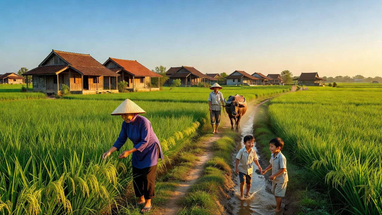 Khung cảnh làng Long Xá ở Huyện Hưng Nguyên, Nghệ An với cánh đồng xanh và nhà truyền thống.