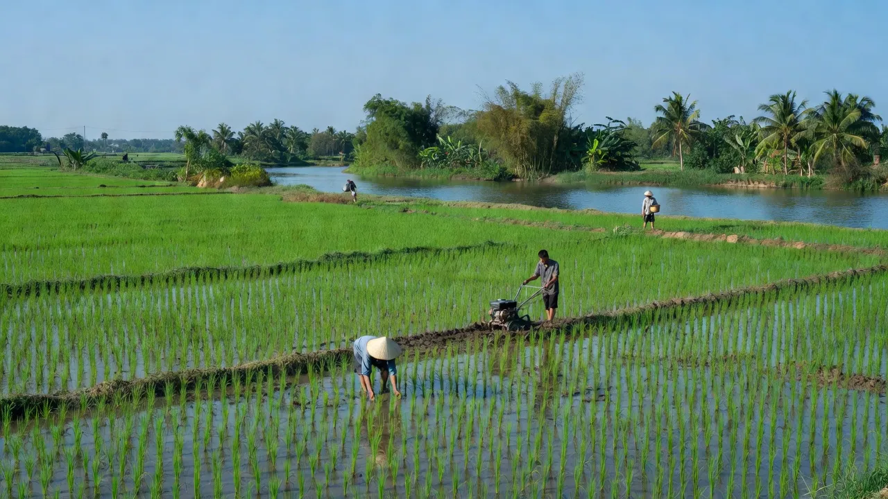 Khung cảnh yên bình xã Phúc Lợi, huyện Hưng Nguyên, tỉnh Nghệ An, với đồng ruộng xanh tươi.