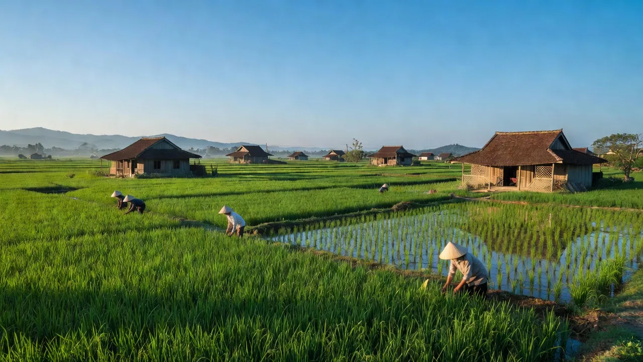 Thịnh Mỹ, Huyện Hưng Nguyên, Nghệ An with green fields, traditional houses, and farmers at work.