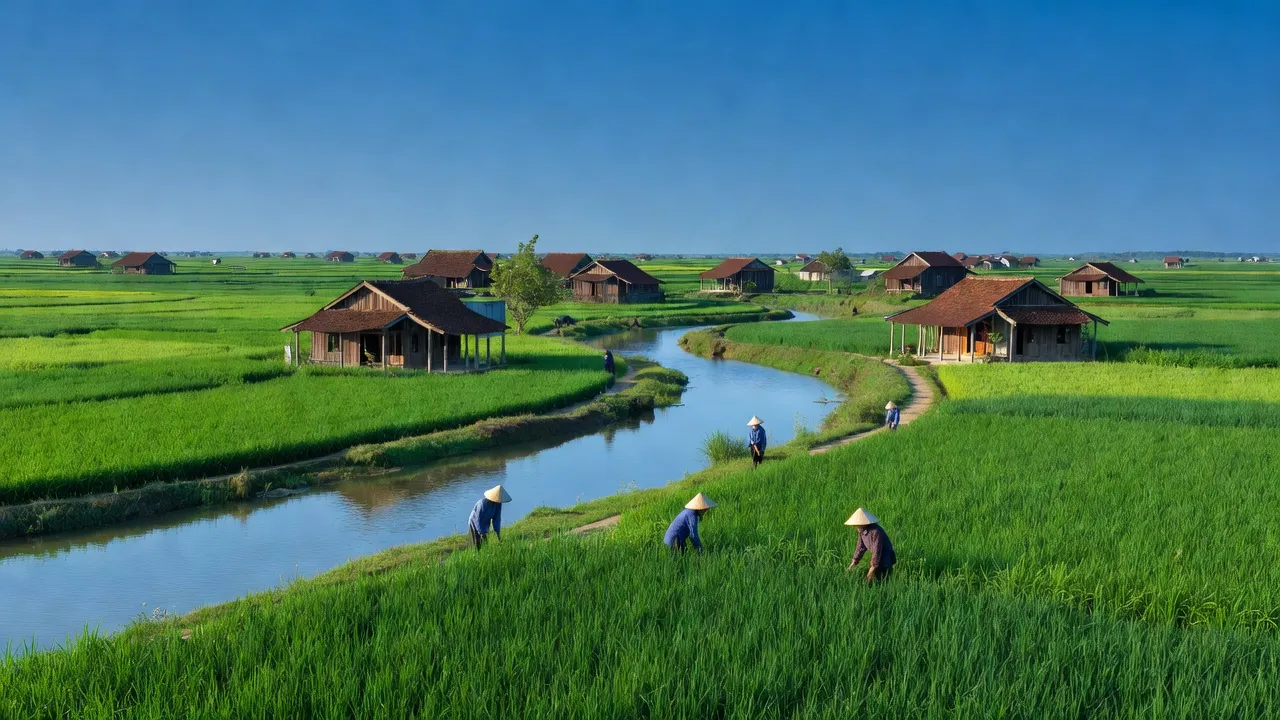Khung cảnh xanh mướt của xã Xuân Lam, huyện Hưng Nguyên với đồng ruộng và sông Lam.