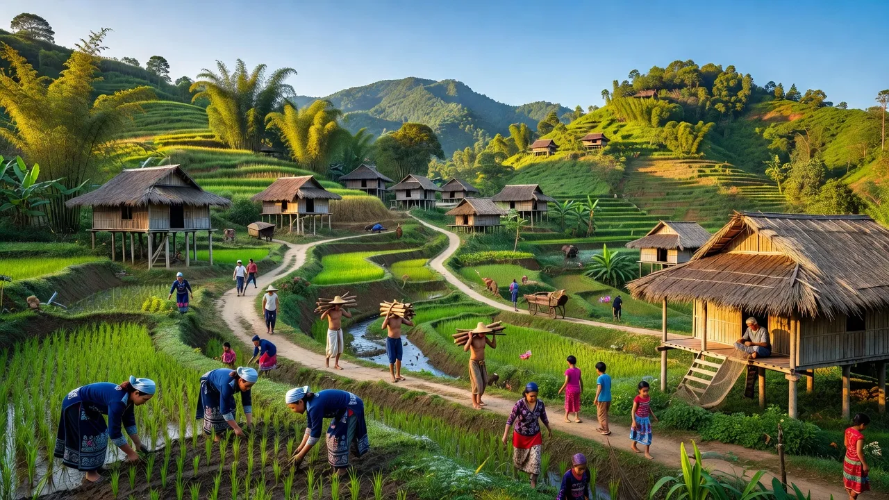 Khung cảnh Bắc Lý, huyện Kỳ Sơn, Nghệ An với nhà sàn và đồi núi xanh tươi.