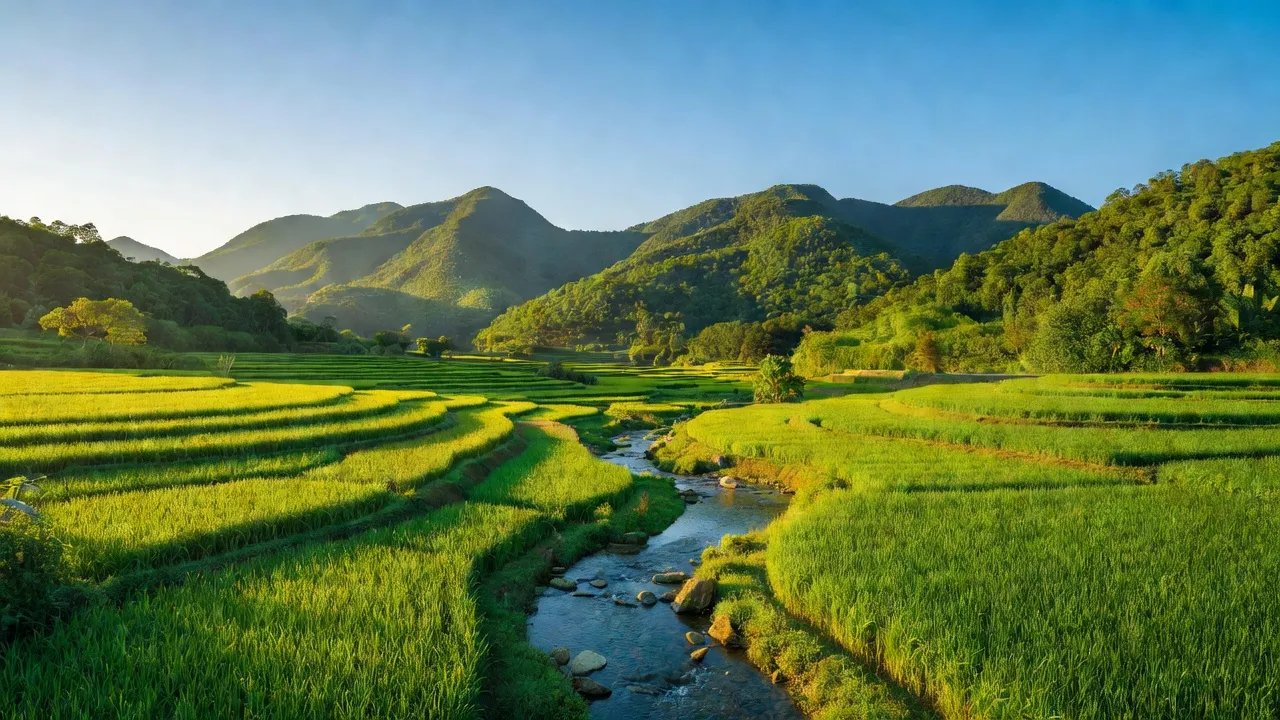 Khung cảnh xã Bảo Nam huyện Kỳ Sơn với núi đồi, cánh đồng, sông và bầu trời trong xanh.