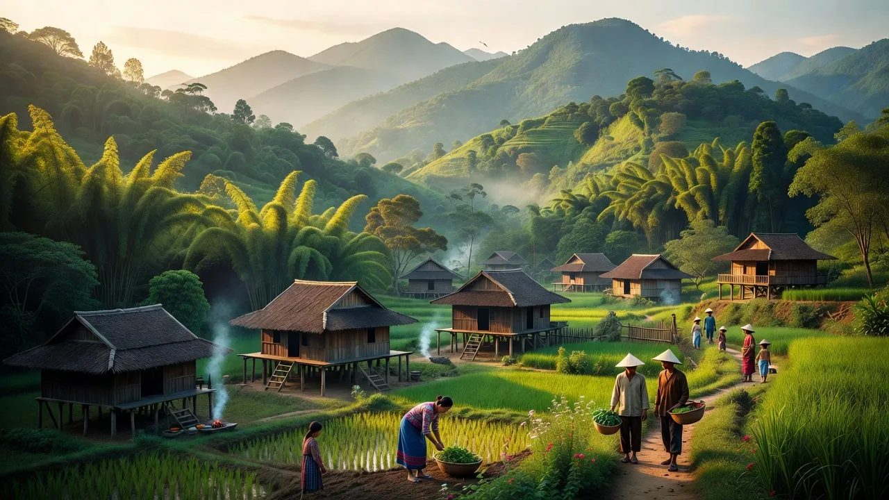Khung cảnh thiên nhiên ở Xã Chiêu Lưu, Huyện Kỳ Sơn, Nghệ An với núi xanh và nhà sàn truyền thống.