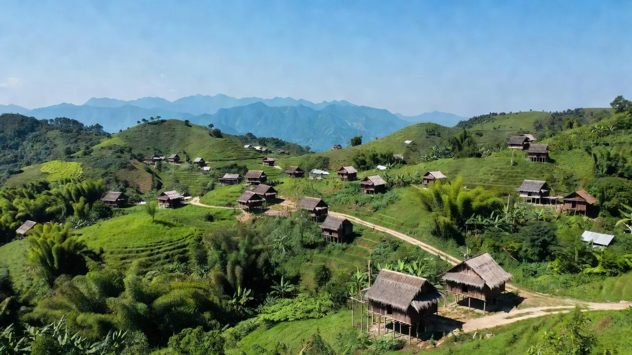 Khung cảnh thôn Đoọc Mạy, huyện Kỳ Sơn, tỉnh Nghệ An với núi non xanh tươi và nhà truyền thống.
