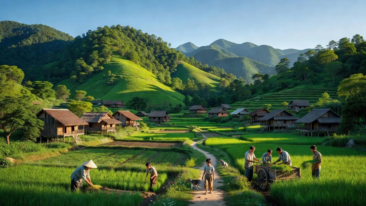 Khung cảnh yên bình xã Đoọc Mạy, huyện Kỳ Sơn, Nghệ An với núi rừng xanh tươi và nhà truyền thống.