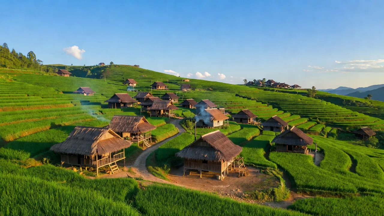 Khung cảnh xã Huồi Tụ, huyện Kỳ Sơn, Nghệ An với những ngôi nhà truyền thống giữa thiên nhiên xanh tươi.