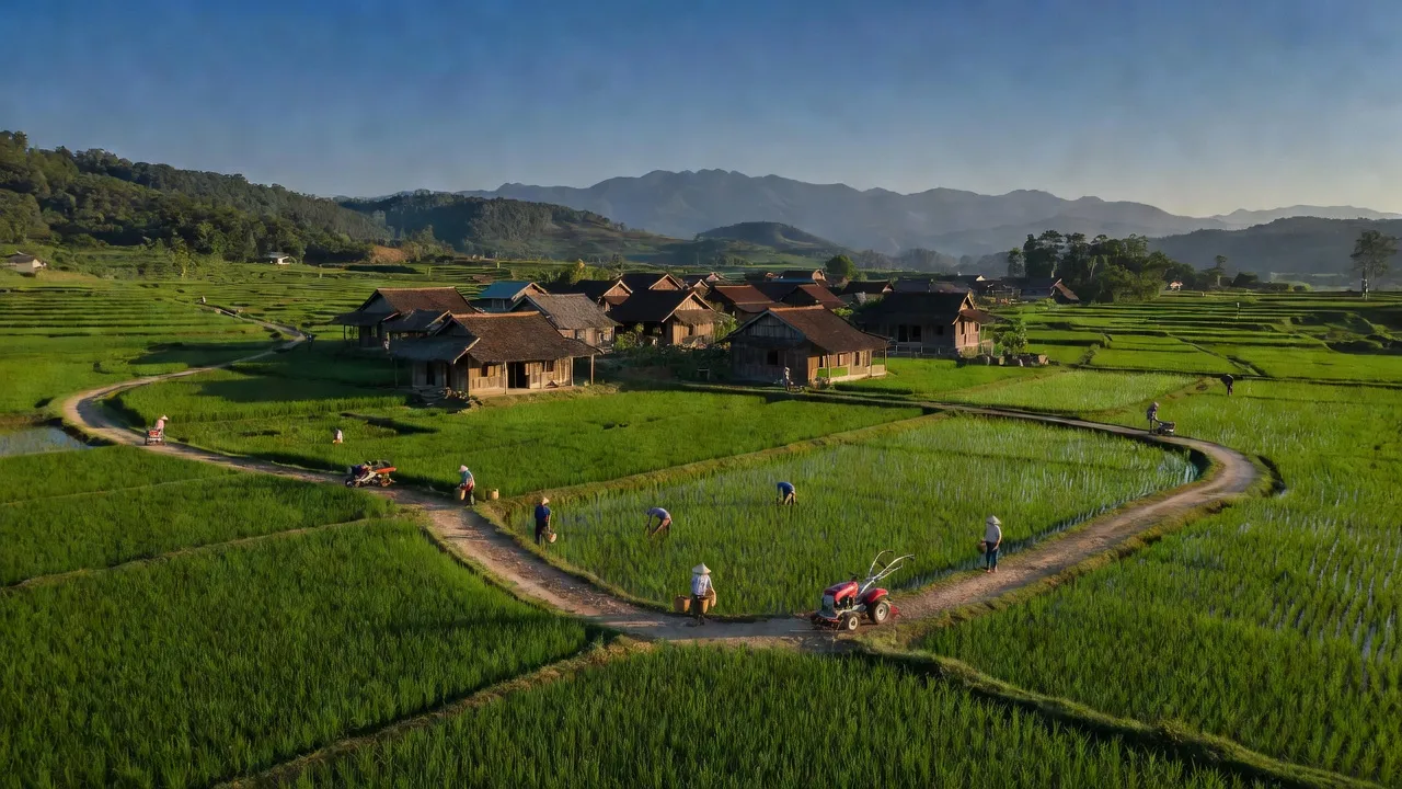 Khung cảnh bình yên xã Hữu Kiệm, huyện Kỳ Sơn, Nghệ An với cánh đồng xanh, nhà cổ truyền và núi xa.