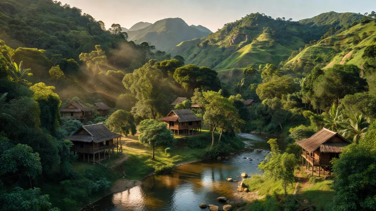 Khung cảnh đồng quê Hữu Lập, huyện Kỳ Sơn, Nghệ An với đồi núi xanh tươi và dòng sông hiền hòa.