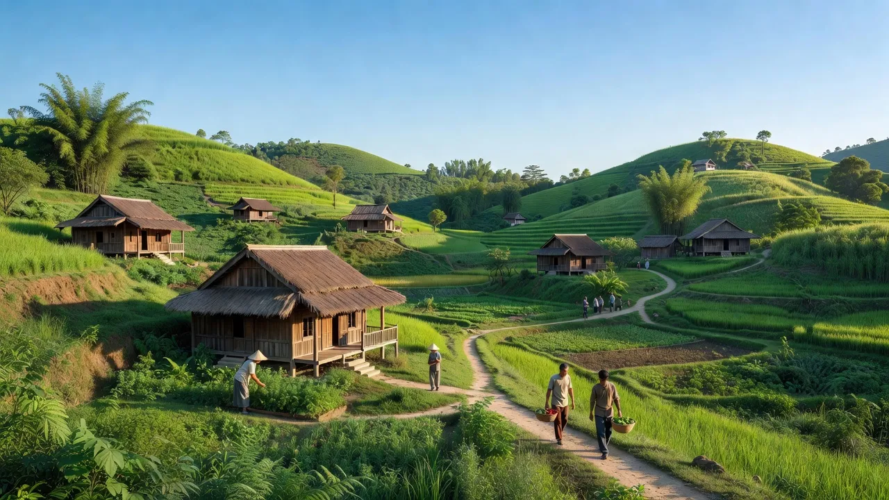 Khung cảnh yên bình của xã Hữu Lập, Kỳ Sơn, Nghệ An với đồi núi xanh tươi và nhà gỗ truyền thống.
