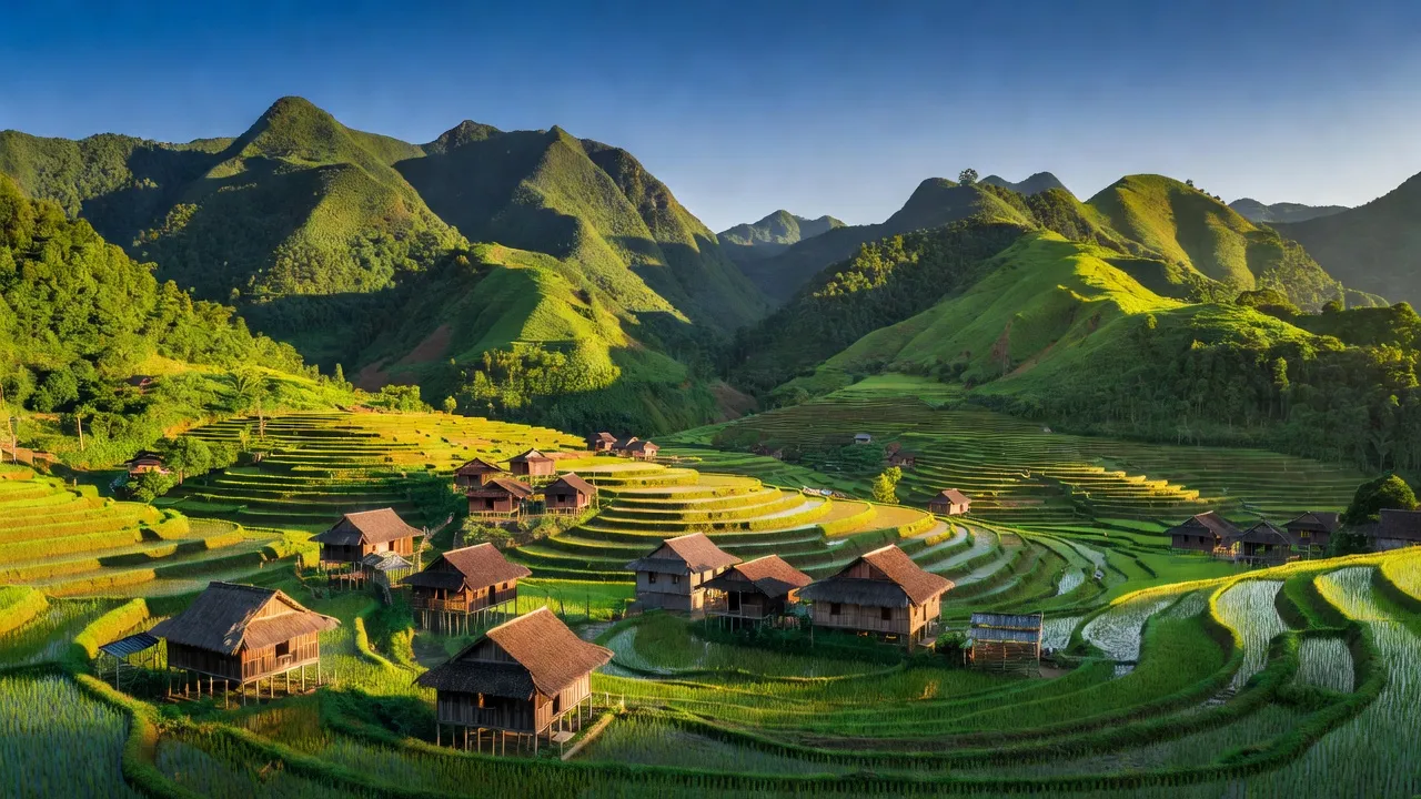 Khung cảnh xã Keng Đu, huyện Kỳ Sơn, Nghệ An, với núi non hùng vĩ và nhà sàn truyền thống.