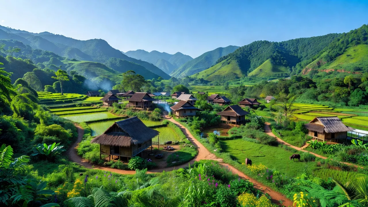 Khung cảnh thiên nhiên xã Mường Ải, huyện Kỳ Sơn, tỉnh Nghệ An, với núi rừng xanh tươi.