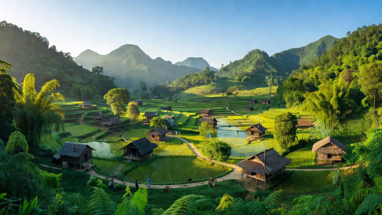 Cảnh quan thiên nhiên xã Mường Típ, huyện Kỳ Sơn, Nghệ An với núi non xanh tươi và nhà truyền thống.