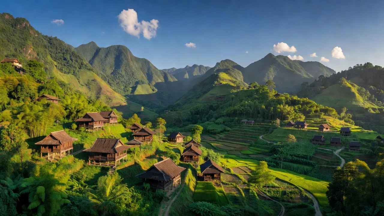 Mường Típ, Kỳ Sơn, Nghệ An with mountains and traditional houses, natural landscape.