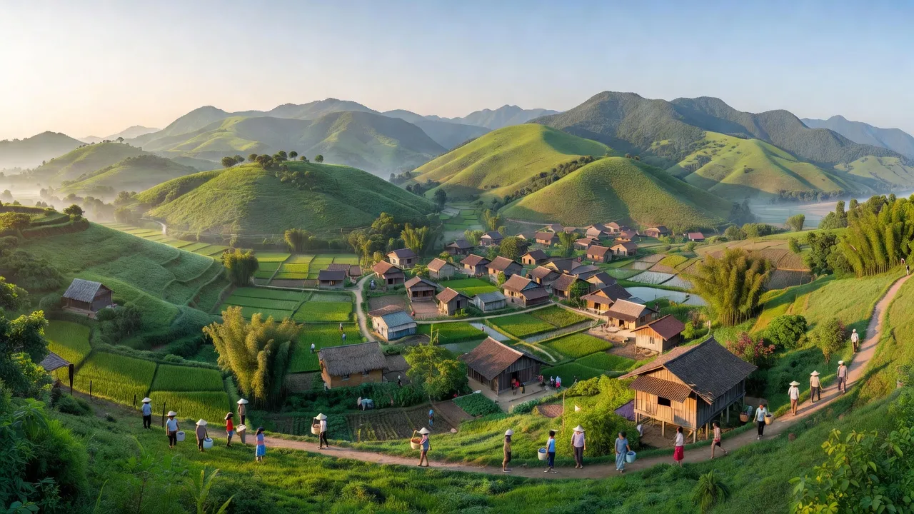 Cảnh thiên nhiên thị trấn Mường Xén, huyện Kỳ Sơn, Nghệ An, với núi non và không khí trong lành.