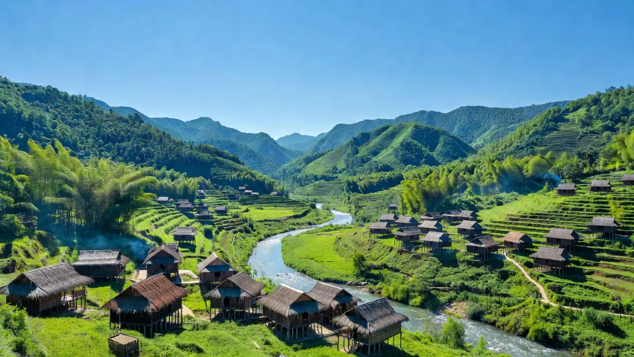 Khung cảnh xã Mỹ Lý, huyện Kỳ Sơn với núi non, sông Nậm Mộ và nhà sàn truyền thống.