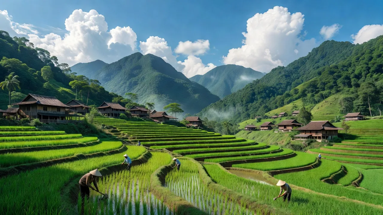 Khung cảnh xã Nậm Cắn, huyện Kỳ Sơn, Nghệ An với núi xanh và nhà truyền thống.
