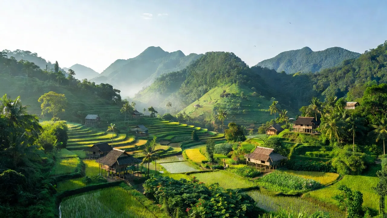 Khung cảnh xã Phà Đánh, Kỳ Sơn, Nghệ An với núi non xanh tươi và nhà dân tộc Khơ Mú.