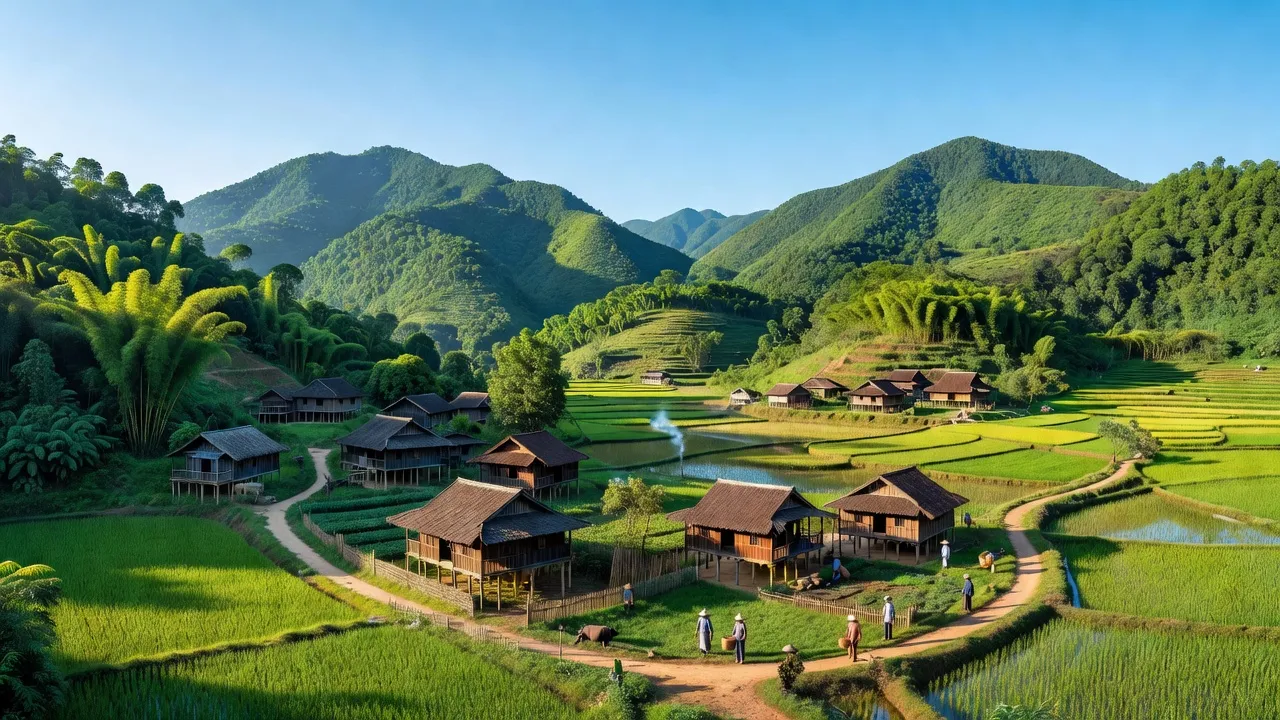 Cảnh đẹp xã Tà Cạ, huyện Kỳ Sơn, Nghệ An với núi xanh, nhà truyền thống và bầu trời xanh.
