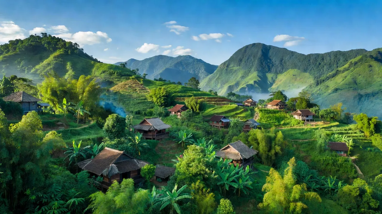 Tây Sơn village in Kỳ Sơn, Nghệ An, featuring mountains, traditional houses, and blue sky.